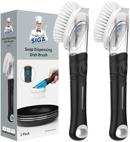 Soap Dispensing Dish Brush, Kitchen Brush for Pot Pan Sink, 2 Pack