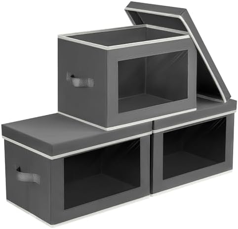 Storage Bins with Lids - Fabric Storage Boxes with Window, Collapsible Closet Organizers with Handles, 3 Pack Decorative Bin, Home Cubes Baskets for Clothes, Hat, Books, Dark Grey