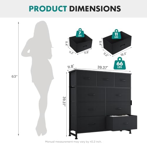 9 Drawer Black Dresser for Bedroom, Closet Organizer Storage Tower