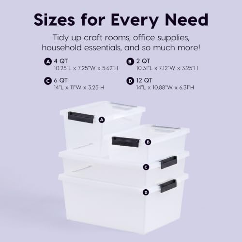 12 Qt - (4-Pack) Storage Bins with Lids, Plastic Box, Clear/Black