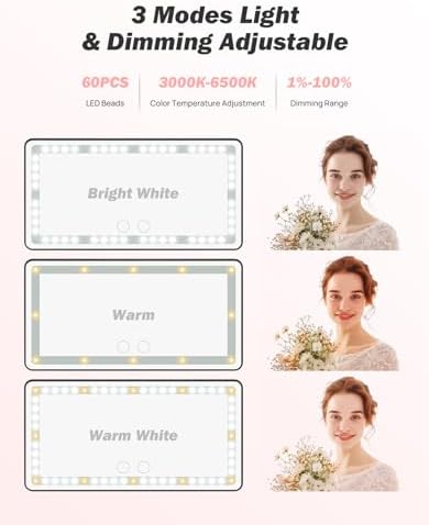 Car Sun Visor Vanity Mirror, Car Vanity Mirror With Lights, Makeup Mirror with 3 Light Modes & 60 LEDs, Car Mirror Dimmable Touch Control Travel Makeup Mirror for Car Truck SUV