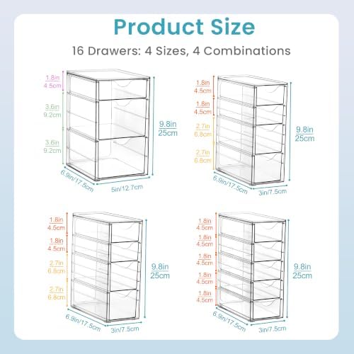 4 Set Acrylic Desk Organizer with 16 Drawers for Office, Makeup
