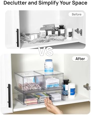 Clear Stackable Storage Drawers Set of 4, Plastic Organizer Bins