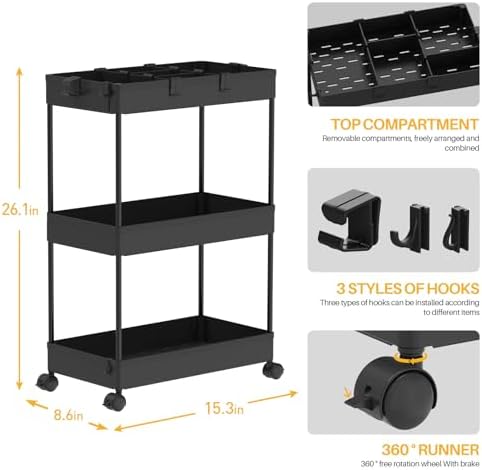 3 Tier Rolling Cart with Wheels, Storage Craft Art Trolley Organizer Serving, 3 Hanging Baskets Easy Assembly, for Office, Bathroom，Living Room, Kitchen, Black