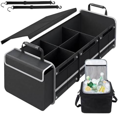 Car Trunk Organizer with Insulated Cooler Bag, Foldable & Waterproof Storage Organizer with Lid for SUV, Truck, Sedan - 4 Large Adjustable Compartments, Heavy Duty & Collapsible Design