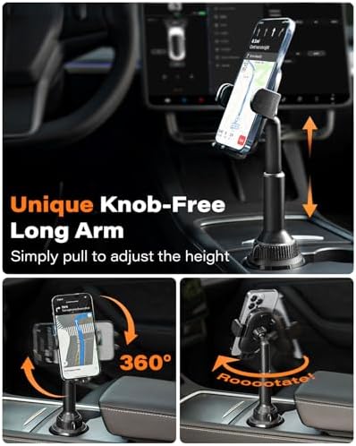 Universal Car Cup Phone Holder | Quick Extension Long Arm | 360° Swivel | Adjustable for iPhone, Samsung, Google, and All Smartphones | Stable & No Shake Design