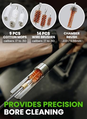 Universal Gun Cleaning Kit for All Caliber.17 to 12Ga - Handgun, Shotgun, Pistol and Rifle Cleaning Kit with Steel Rods, Brass Jags, Brushes, Gun Cleaning Patches - Complete Gun Cleaning Kit