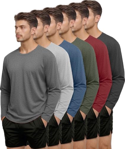 6 Pack Men Dry Fit Workout Long Sleeve UPF 50+ Athletic Gym Shirt