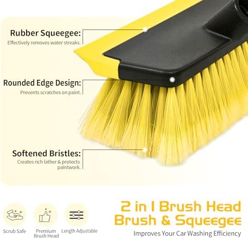 56" Car Wash Brush with Long Handle, Soft Bristle& Rubber Squeegee