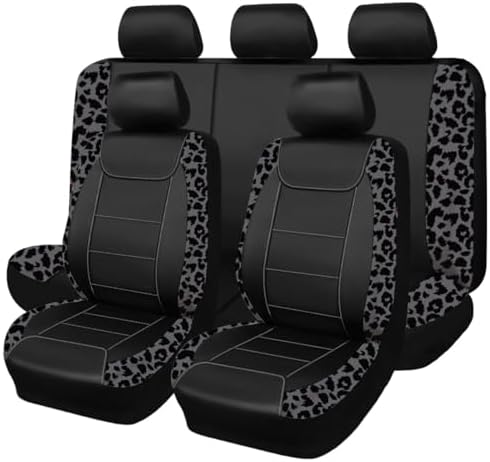Carbon Fiber Leather Vehicle Seat Covers, Leopard Gray Black, Universal Fit - 8PCS
