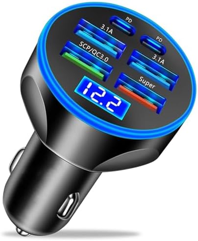 Super Fast Charge USB C Car Phone Charger Adapter 6 in 1 with Voltage Display 250W Multi Port Cigarette Lighter USB Charge for iPhone 18 17 16 15 14 13 12 11 Samsung Galaxy Huawei Oneplus Oppo Vivo