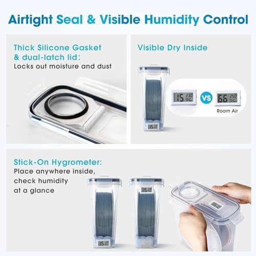 Filament Storage Box - 4 Pack 4L 3D Printer Filament Containers with 4 Hygrometers, Airtight Dry Boxes for Sealing and Protection, Water-Proof & Dust-Proof, Reusable Desiccant, Tube Cutter
