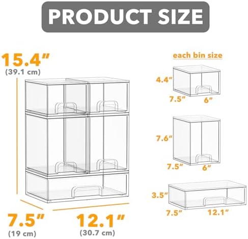 Bottle Storage Organizer Baby - Acrylic Bottles Station Organizer Container, Stackable Clear Drawers for Countertop, Vanity, Bathroom, Cabinet, Pantry Organization, 5 Pack, 2S2M1L, 15.4"H