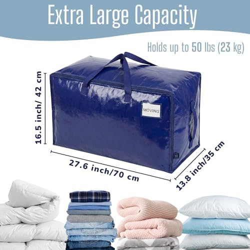 8 Pack Extra Large Heavy Duty Moving Bags with Wide Opening & Reinforced Handles, Reusable Storage Tote Bags with Strong Zippers for Clothes, College Dorm Essentials & Moving Supplies