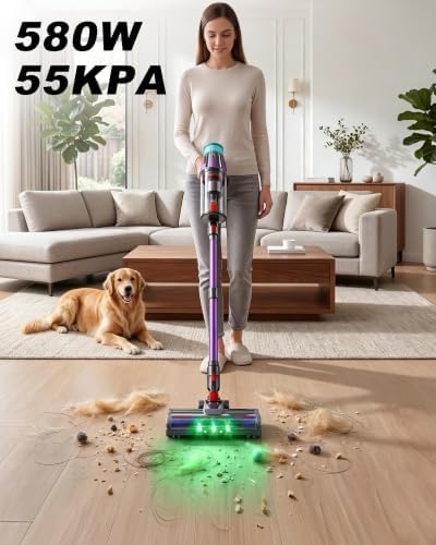 Cordless Vacuum Cleaner,580W 55KPA 70Min Powerful Vacuum Cleaners for Home,Self-Standing Stick Vacuum Cordless Rechargeable/Anti-Tangle/LED Screen/1.8L Cup for Home Pet Hair/Carpet/Hardwood Floor
