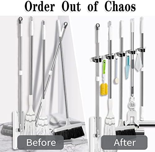 Broom Holder Wall Mount, 5 Racks 4 Hooks Heavy Duty Mop Organizer
