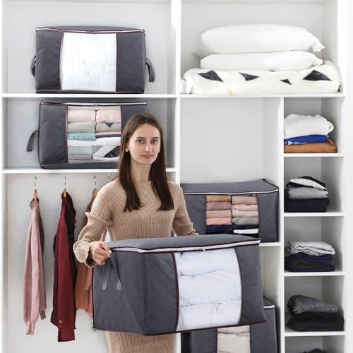 3 Pack 90L Clothes Storage Bins with Lids, Foldable Blanket Storage Bags with Zippers, Clear Window and Reinforced Handles, Closet and Organization for Clothing, Sweater, Comforter, Bedding