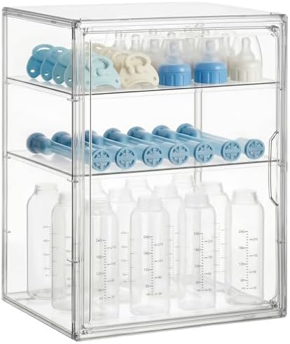 Baby Bottle Storage Organizer for Countertop Cabinet, 3 Tiers Adjustable Clear Acrylic Bottles Storage Station Case Box Container with 2 Removable Dividers and Magnetic Door, Large