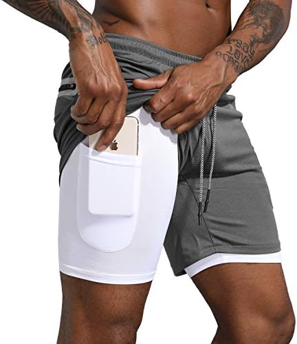 Men's 2 in 1 Workout Running Shorts Lightweight Training Yoga Gym 7" Short with Zipper Pockets