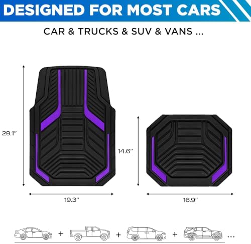 Heavy Duty Rubber Floor Mats, Purple Aluminum Film Car Mats Set, Front and Rear Car Mats with Anti-Slip Backing, All Weather Protection, Trim-to-Fit for Automotive SUV, Sedan, Van