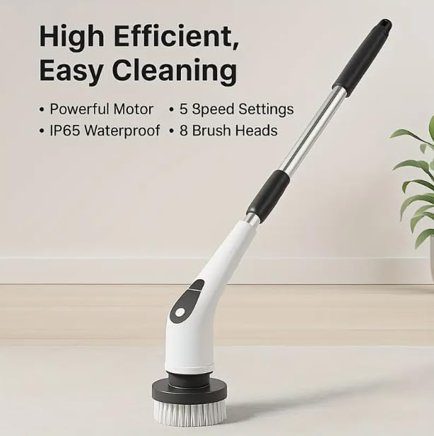 HomeBeyond Electric Spin Scrubber, 5-Speed Power Spin Cleaner with 8 Replaceable Brush Heads, IPX7 Waterproof, Adjustable Extension Handle, Large Battery for Bathroom, Shower, Tile, and Floor Cleaning