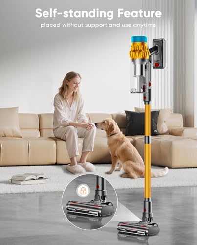 Cordless Vacuum Cleaner, 650W/60KPA/70 Mins Vacuum Cleaners for Home,Self-Standing Wireless Vacuum, Anti-Tangle Brush, Smart Display,1.8L Cup Cordless Stick Vacuum Cleaner for Pet Hair/Carpets (Gold)