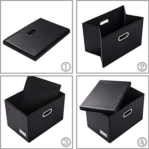 Large Collapsible Storage Bin with Lid [1-Pack] Leather Fabric Foldable Storage Box Organizer Containes Basket Cube with Cover for Home Bedroom Closet Office Nursery Black (17.7x11.8x11.8)