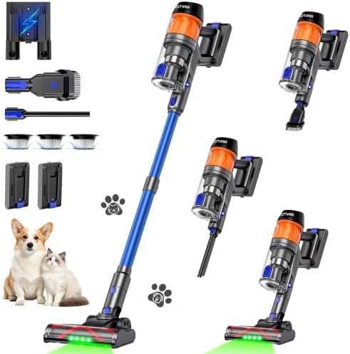 Cordless Vacuum Cleaner, Vacuum Cleaners for Home 500W 40KPa 120Mins with 2 Batteries, Anti-Tangle Rechargeable Lightweight Stick Vacuum with Green Light for Pet Hair/Carpet/Hardwood Floor Blue