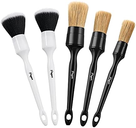 5 Pack Detailing Brush Set Bundle (3 Natural Boars Hair Brushes + 2 Ultra Soft Brushes)