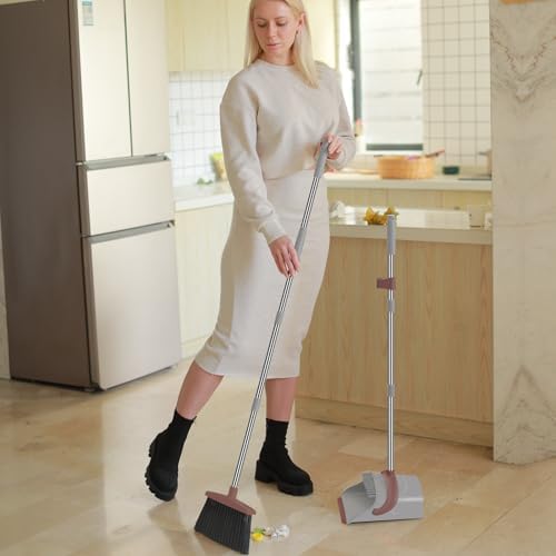 Broom with Dustpan Combo Set, 50.6 inch Long Handle, Upright Standing Broom and Dustpan Set Quiet Cleaning Tool Sweep the Floor Dust pan Removes 4 Times More Pet Hair(Brown and Gray)