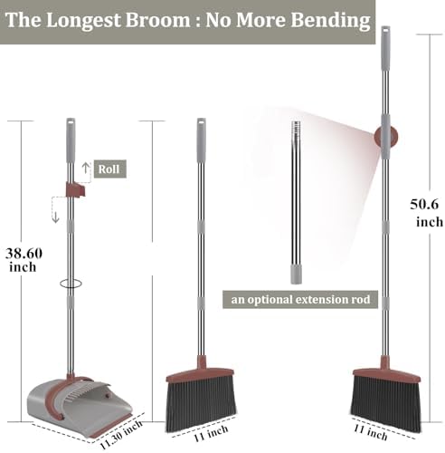 Broom with Dustpan Combo Set, 50.6 inch Long Handle, Upright Standing Broom and Dustpan Set Quiet Cleaning Tool Sweep the Floor Dust pan Removes 4 Times More Pet Hair(Brown and Gray)