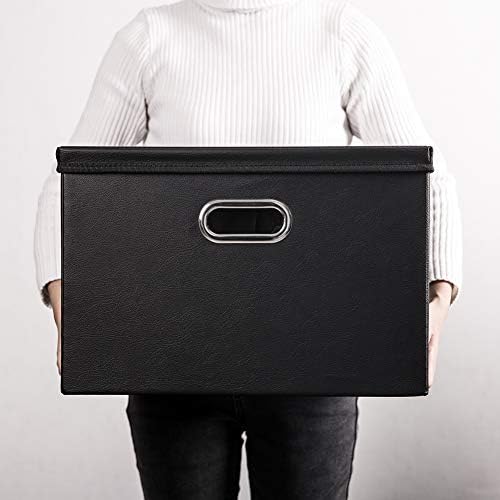 Large Collapsible Storage Bin with Lid [1-Pack] Leather Fabric Foldable Storage Box Organizer Containes Basket Cube with Cover for Home Bedroom Closet Office Nursery Black (17.7x11.8x11.8)