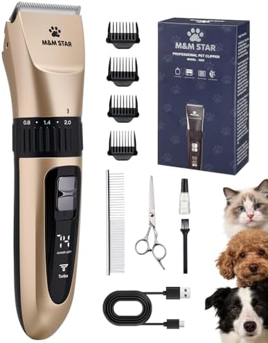 Dog Grooming Kit, Low Noise Dog Clippers, 2-Speed IPX7 Waterproof, Rechargeable Cordless Pet Hair Clippers Trimmer Shaver with LED Display for Dogs and Cats, Gold