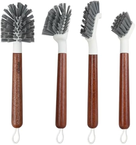 4-Pack Heavy Duty Scrub Brushes with 11" Sapele Wood Handle – PBT Bristles & TPR Loop – Kitchen, Bathroom, Grout, Dish & Tile Cleaner – Durable Non-Slip Multi-Surface Cleaning Brush Set