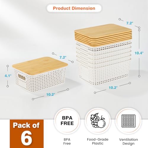 6 Pack Plastic Storage Baskets with Bamboo Lids for Organization