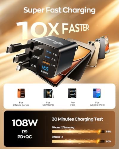 Retractable Car Charger,108W 6 in 1 Super Fast Charge Car Phone Charger with 3 Cords 31.5INCH,Gifts for Men Women Car Truck Accessories for iPhone 18/17/16/15/14/13 Pro Max XR,iPad,Samsung