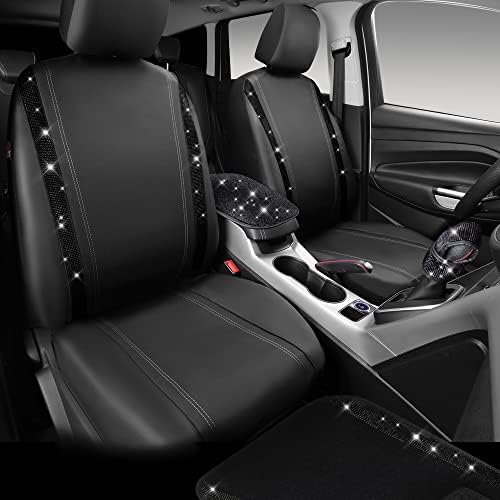 23 PCS Bling Diamond Car Accessories Set for Women, Leather Seat Covers Full Set Floor Mats Steering Wheel Cover, Coasters Seat Belt Covers Phone Holder Universal Fit Car SUV Truck Van Black