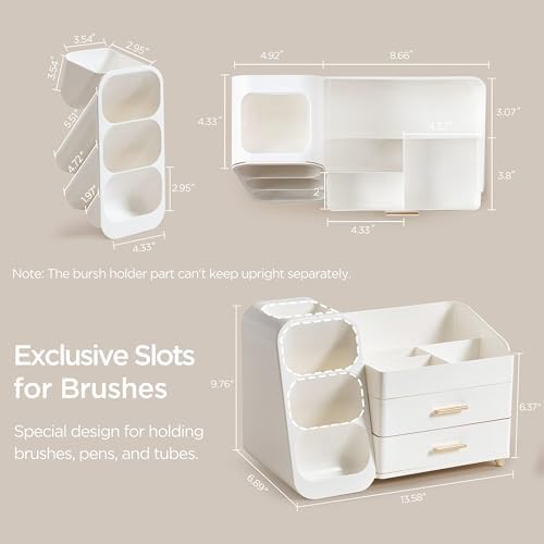 Makeup Organizer with Brush Holder for Vanity, Large Plastic Bathroom Countertop Organizer Skin Care Storage, Easy to Store Lipsticks, Nail Polishes, Perfumes, Eyeshadow Palettes, All White