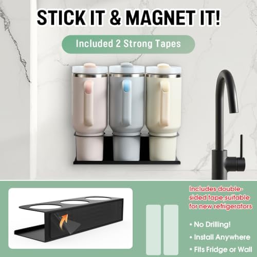 2 Pack Magnetic Stanley Cup Holder for Fridge, Water Bottle Organizer for Tumbler with Double Sided Tape Hold Stanley Cup Accessories for Kitchen Cabinet Wall