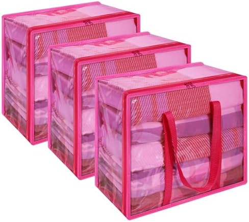 Pink 40L Clear Clothes Storage Bag with Zipper 3 Pack
