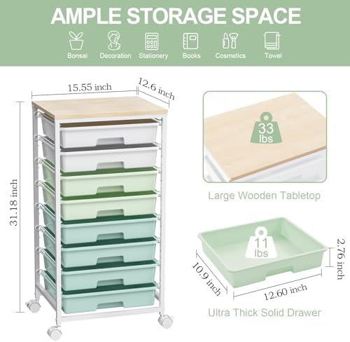 Rolling Cart with Drawers,Craft Organizers and Storage, Green