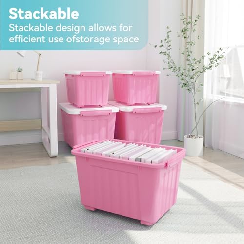 Plastic Storage Bin, Stackable and Nestable Storage Boxes with White Lids and Secure Latching Buckles, Large Storage Container (Pink/White, 72Quart-6Pack)