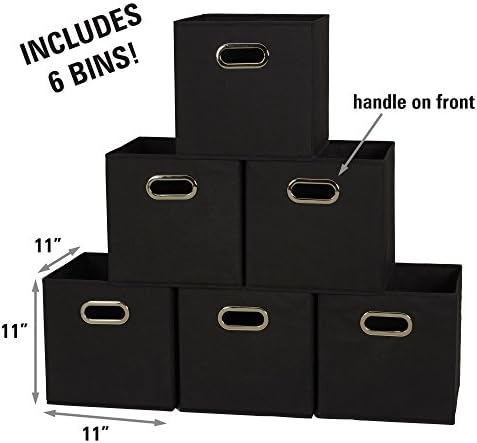 Foldable Fabric Storage Bins 6 Piece Set, Strong Poly-Woven Fabric, Sturdy Chipboard Sides, Grommet Front Handle, Stackable, Classic Design, Black