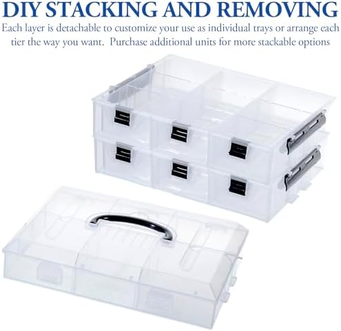 11 Inch Clear Plastic Storage Box Container, Arts and Crafts Sewing Supplies Organizer Case with Black Accents, 24 Customizable Compartments, and 6 Drawers with Removable Dividers