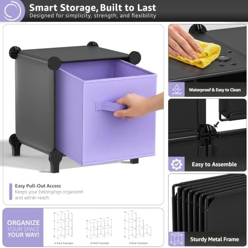 6 Cube Storage Organizer with 6 Fabric Bins (Black)