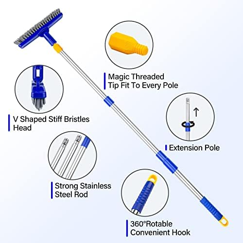 Grout Brush with Long Adjustable Handle, Swivel Scrub Brush, V-Shape Grout Line Scrubber with Stiff Bristle for Deep Cleaning Tile Grout, Shower, Kitchen, Hard-to-Reach Corners