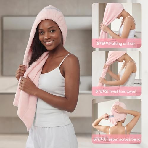 3 Pack Microfiber Hair Towel Wrap for Women, Super Absorbent Quick Dry Hair Turban for Thick Long Curly Hair, Large Stay-Put Anti-Frizz Hair Drying Towels, Pink Blue Gray