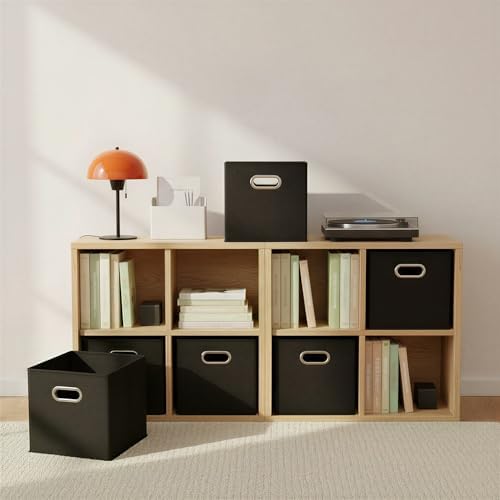 Foldable Fabric Storage Bins 6 Piece Set, Strong Poly-Woven Fabric, Sturdy Chipboard Sides, Grommet Front Handle, Stackable, Classic Design, Black