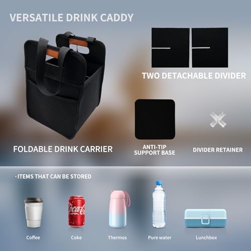 2 Pack Reusable 4 Cup Drink Carrier with Handle and Detachable Dividers, Portable Drink Carrier, Foldable Coffee Cup Holder for Hot & Cold Drinks (Black)