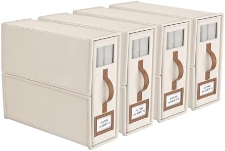 4 Pack Foldable Bed Sheets Set Organizers and Storage(King & Queen Size),Linen Fabric Closet Organizers with Window,Folding Bedding Storage Box for Bedsheets and Pillow Cube Organizer-Beige